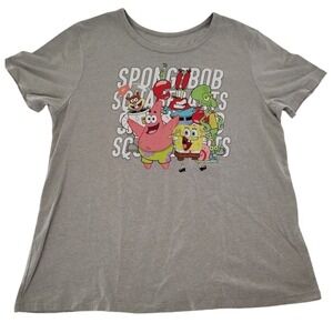 SpongeBob SquarePants Cast Graphic T-Shirt Gray Short Sleeve Crew Neck Large‎